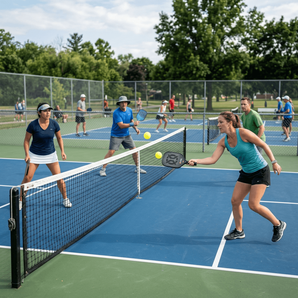 Four adults playing doubles pickleball on outdoor courts with paddles and yellow balls