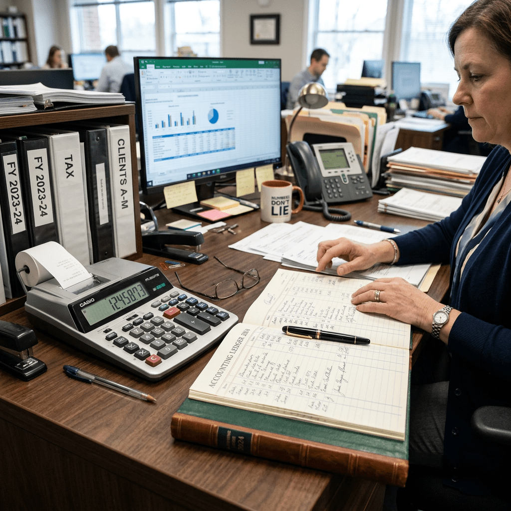 Accountant working at desk with ledger, calculator, and computer