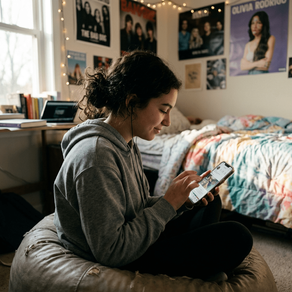 Teenager sitting on a bean bag using a smartphone in a decorated bedroom